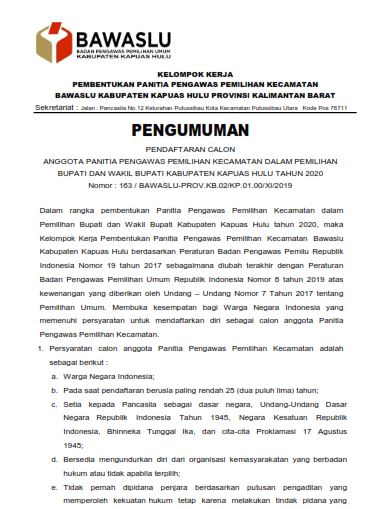 Pengumuman Perekrutan Panwascam 2020